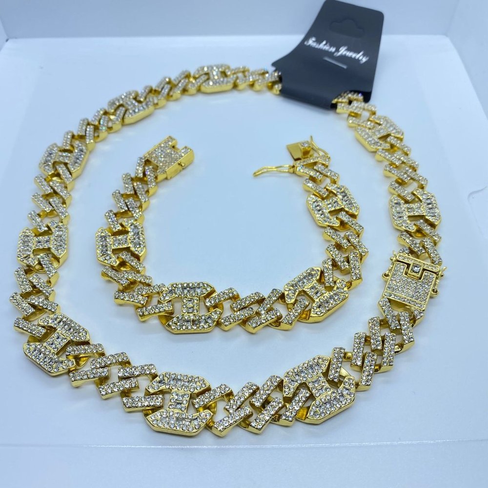 18K Plated Iced Out CZ Crystal Cuban Link Chain with Bracelet SET Gold